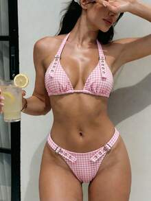 Swim SXY 春夏新款性感黑色掛脖式三件式比基尼套裝女款泳衣 - 粉色 - 查看 1