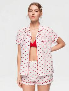 Bonmuse 2pcs Comfortable Heart Print Pajama Set, Short Sleeve Collared Top With Pocket And Bow Shorts, Women Sleepwear Homewear For All Seasons - White - View 1