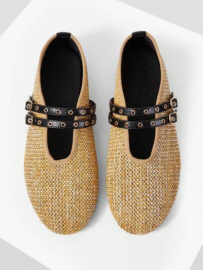 MOTF WOMEN'S FRENCH VACATION SPRING AND SUMMER NEW DOUBLE BUCKLE MARY JANE SHOES ROUND HEAD BLACK BUCKLE WITH METAL RIVETS STRAW WOVEN FLAT SHOES