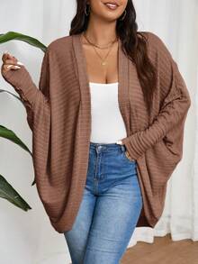 SHEIN Frenchy Chaqueta de punto acanalado cepillado holgada y casual de talla grande - Camel - View 4
