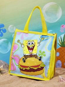 SpongeBob SquarePants | SHEIN 卡通黃色方塊角色保溫午餐袋，輕量可重複使用漢堡印花保冷手提袋 - 黃藍色 - 查看 1