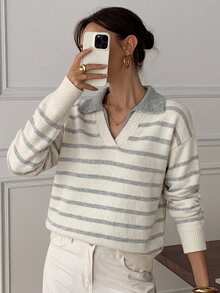 DAZY Women's Slouchy Colorblock Henley Neck Top With 2 In 1 Design Soft Knit Sweater - Grey - View 1