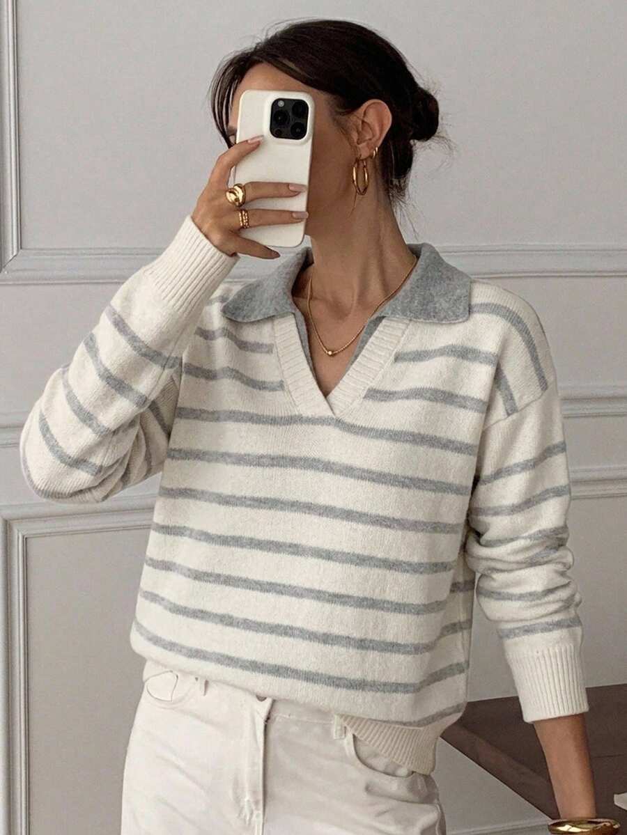 DAZY Women's Slouchy Colorblock Henley Neck Top With 2 In 1 Design Soft Knit Sweater - Grey - View 1
