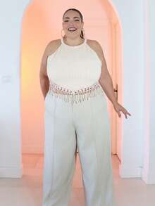 Pretty and Ole Plus Size Summer Fringed Hem Textured Spaghetti Strap Crop Top Knitted Tops For Women Casual - Apricot - View 5