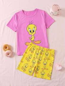 LOONEY TUNES X SHEIN GraphicGems 2pcs Tween Girl Summer Casual Cute Sleepwear Set, Pink And Yellow Duck Print Top Shorts, Knit Stretchy Fabric, Comfortable Loungewear Snug Fit Family - Multicolor - View 1