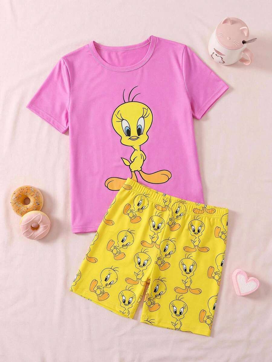 LOONEY TUNES X SHEIN GraphicGems 2pcs Tween Girl Summer Casual Cute Sleepwear Set, Pink And Yellow Duck Print Top Shorts, Knit Stretchy Fabric, Comfortable Loungewear Snug Fit Family - Multicolor - View 1