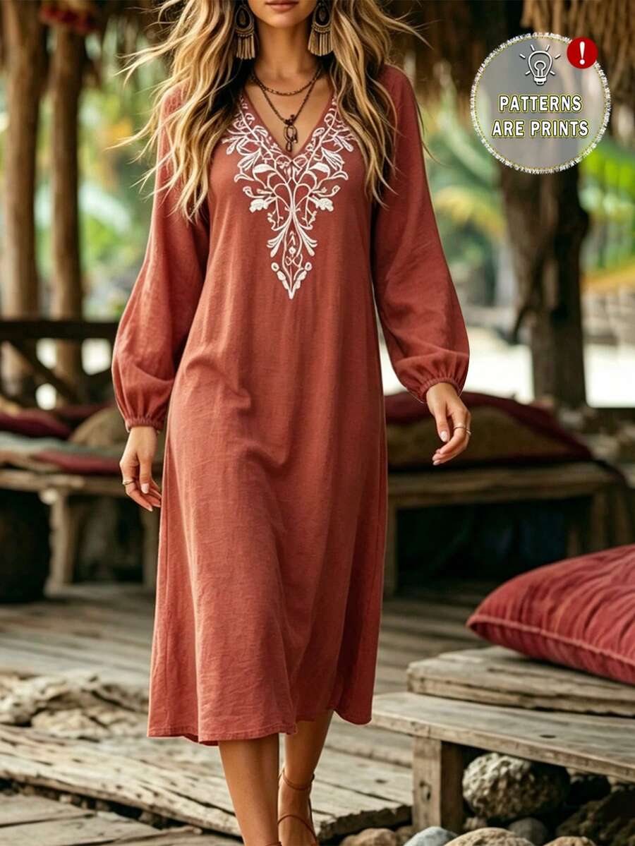 Zayélia Women's Casual Long Sleeve Midi Dress - Redwood - View 1