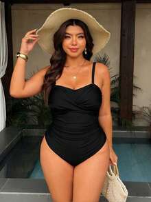 SHEIN Swim 大尺碼 2026 春夏熱銷純色連身泳衣，可拆式胸墊杯、可拆式肩帶，性感優雅抹胸沙灘泳衣，黑色 - 黑色 - 查看 4