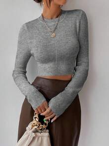 SHEIN Raffinéa Suéter de manga larga de cuello redondo de unicolor cómodo para el uso diario Y2K - Gris - Ver 3