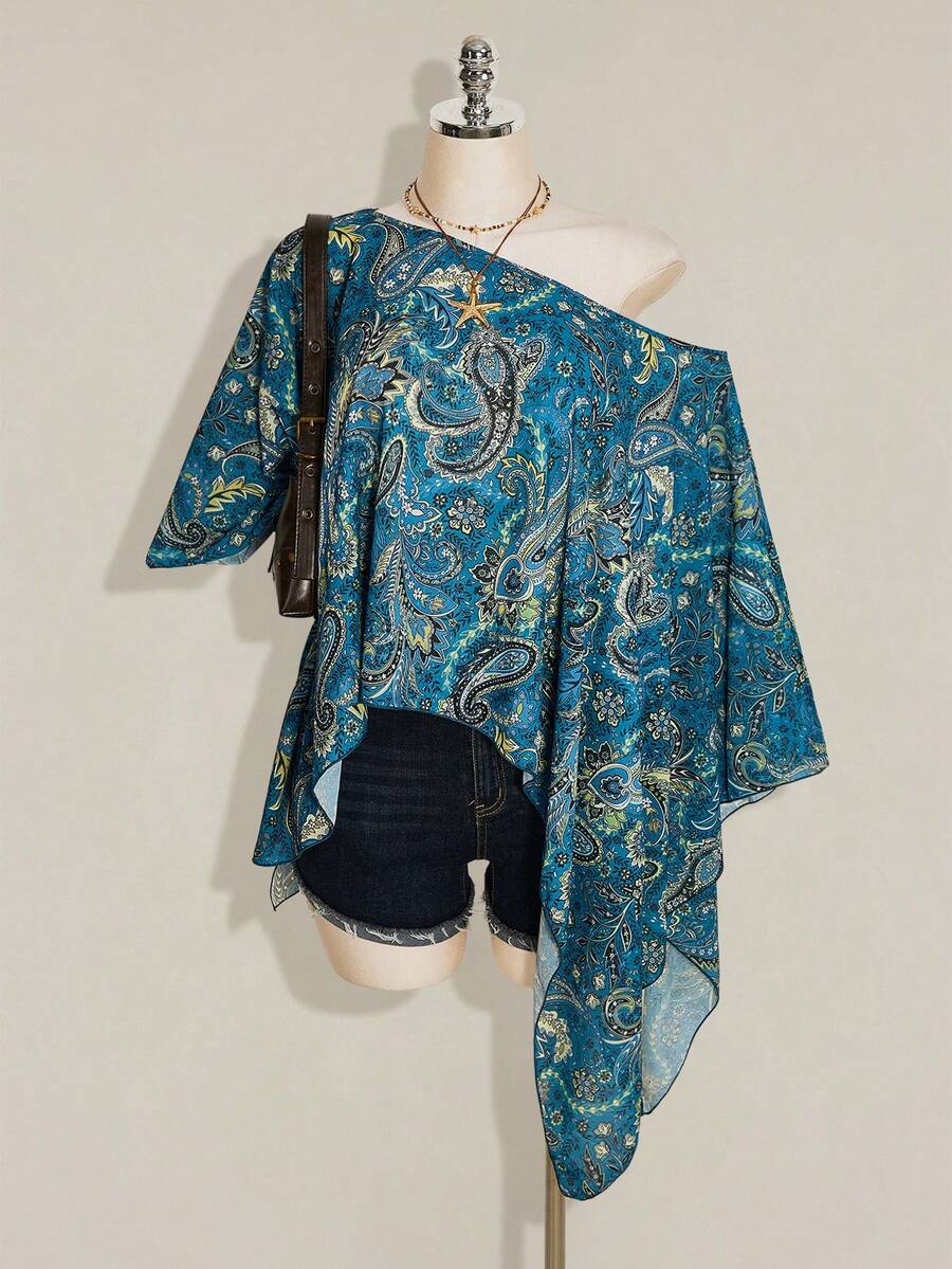 SHEIN ICON 女款 Y2K 復古佩斯利印花大尺碼罩衫上衣 - 藍色 - 查看 1