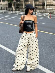 Coolane Women's Summer Fall Streetwear Going Out Casual Vintage Cotton Black Polka Dot Pattern Low Waist White Jeans Banana Harem Pants - Black and White - View 2