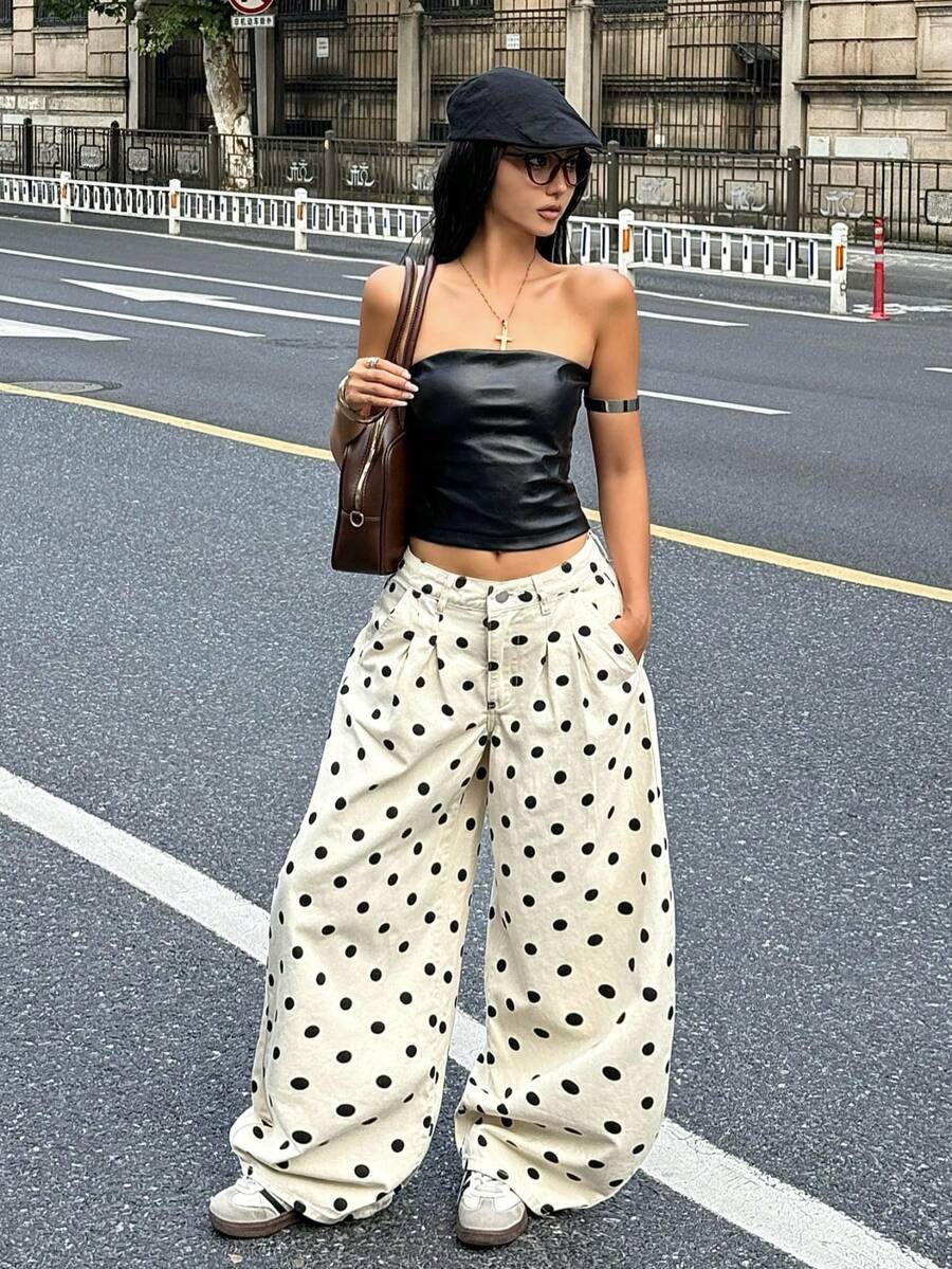 Coolane Women's Summer Fall Streetwear Going Out Casual Vintage Cotton Black Polka Dot Pattern Low Waist White Jeans Banana Harem Pants
