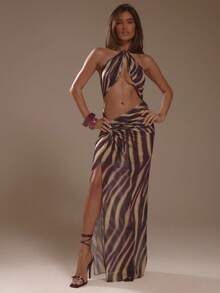 MUSERA Brown Zebra Print Mesh Halterneck Cut Out Maxi Dress Summer Holiday Ibiza Festival Zarina Vacation Sexy Boho Party Club - Multicolor - View 1