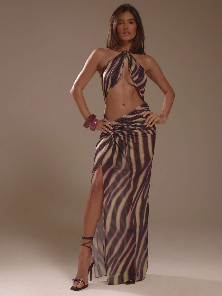 MUSERA Brown Zebra Print Mesh Halterneck Cut Out Maxi Dress Summer Holiday Ibiza Festival Zarina Vacation Sexy Boho Party Club - Multicolor - View 1