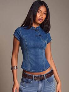 SHEIN BAE Women's Casual Stand Collar Versatile Daily Wear Top Everyday Blue Summer - Blue - View 4