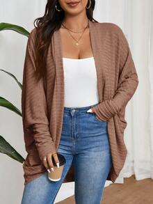 SHEIN Frenchy Chaqueta de punto acanalado cepillado holgada y casual de talla grande - Camel - View 1