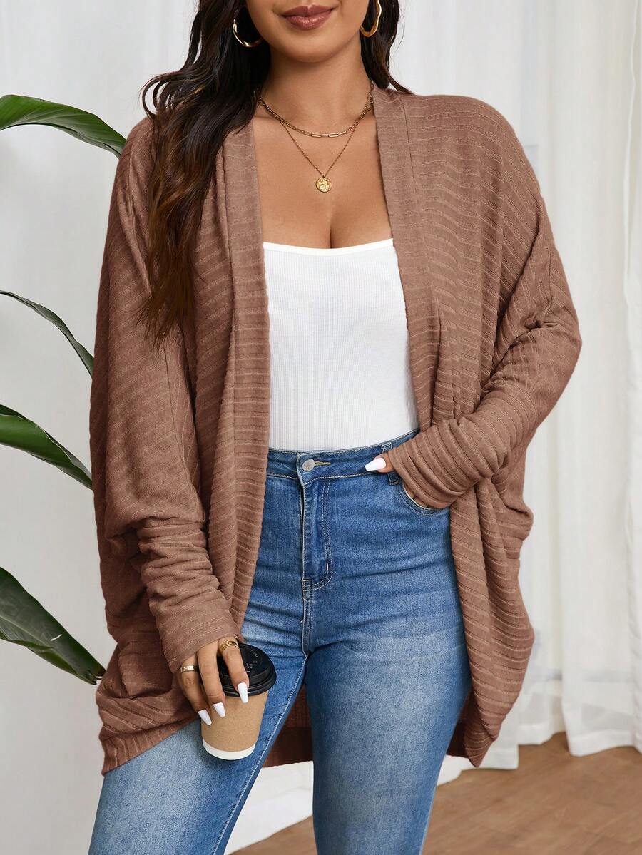 SHEIN Frenchy Chaqueta de punto acanalado cepillado holgada y casual de talla grande - Camel - View 1