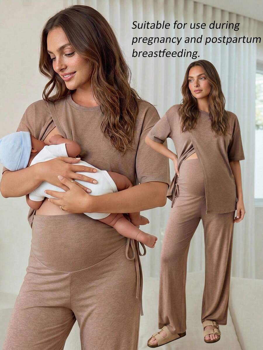 Slowluna Maternity Solid Color Round Neck Nursing Top And Adjustable Waist Long Pants Casual Daily 2 Pieces Set Loungewear Pajama Nightgown Robe - Khaki - View 1