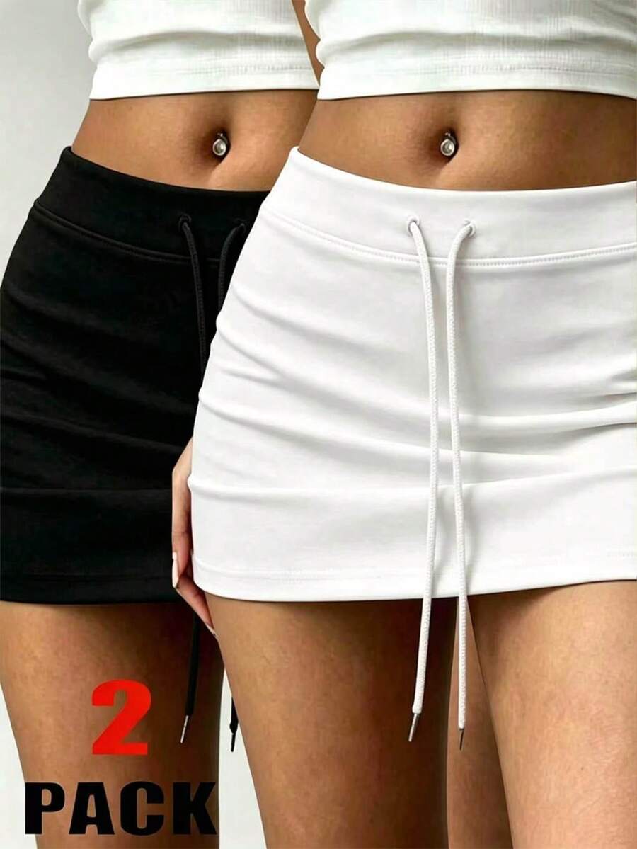 INAWLY Solva 女款純色抽繩腰休閒百搭日常裙 - 黑與白 - 查看 1