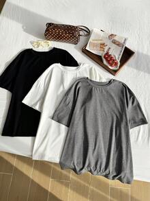 Comfortcana 春夏服飾 白色+黑色+灰色 3色圓領俐落百搭短袖寬鬆大尺碼T恤 3件組 春夏百搭俐落寬鬆T恤多件套裝 - 彩色 - 查看 5