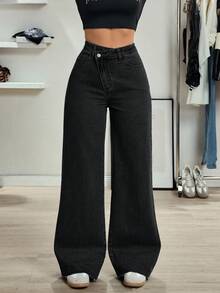 SHEIN Tall 女款高個子休閒百搭設計高腰直筒牛仔褲 - 黑色 - 查看 2
