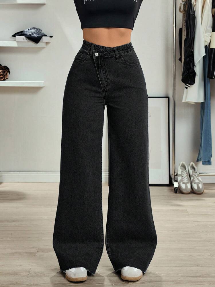 SHEIN Tall Women's Tall Casual Versatile Design Waist Straight Leg Jeans - Black - View 2