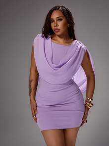 Rustia Plus Size Women Solid Color Minimalist Casual Plus Size Shawl Collar Fitted Dress, Beach Vacation, Wedding Party, Birthday Date, Designer Shawl Dress - Purple - View 3