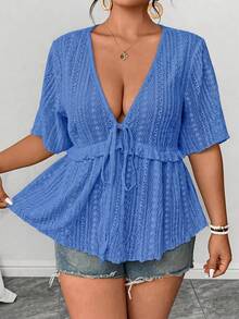 Elenzga Áo blouse size lớn vải thêu rỗng cổ chữ V tay ngắn chiết eo dáng chữ A gấu bèo thắt nơ trước, thanh lịch thường ngày đi làm hẹn hò tiệc tùng du lịch - Xanh đậm - Xem 9