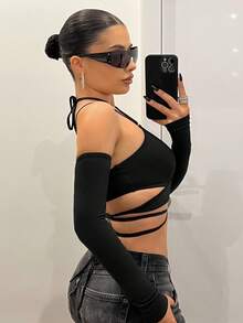 SHEIN ICON 修身交叉綁帶可拆卸袖女款上衣 - 黑色 - 查看 5