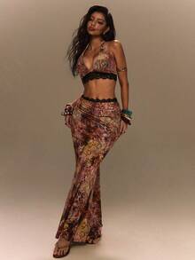 TypaGal Summer Festival Y2K Tropical Holiday Ibiza Sexy Going Out Vacation Night Out Club Carnival Party Beach Leopard Floral Print Halter Set Brown - Multicolor - View 6