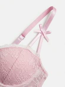 lacRébo Light Pink Lace Underwire Bra And Thong Lingerie Set With Bow Straps Detail Cute Romantic - Baby Pink - View 10