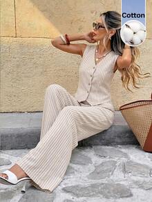 Serisse Women's Striped Single-Breasted Vest And Pants Casual Two Pieces Set - Apricot - View 9