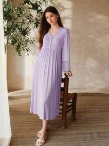 MOTF PREMIUM Vestido de ropa de estar en casa con manga larga y encaje en contraste para mujer - Púrpura malva - Ver 1