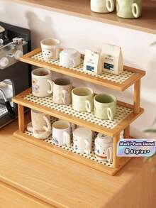 1PC 3 Tier Bamboo Kitchen Organizer Rack Multifunctional Cup Mug Utensil Bottle Holder Shelf Countertop Storage Stand Drip Tray Breathable Moisture Proof 2 Styles For Dining Room Coffee Bar Desk Living Room Storage Shelf - Multicolor - View 1