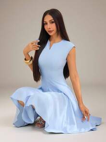 SHEIN PETITE Women's Solid Color Zip Design Cap Sleeve Elegant Mini Dress - Blue - View 4