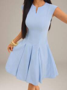 SHEIN PETITE Women's Solid Color Zip Design Cap Sleeve Elegant Mini Dress - Blue - View 6