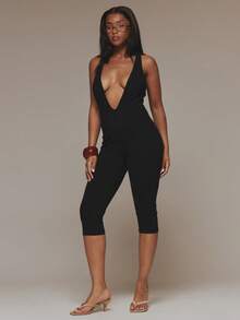 MUSERA Black Plunge V Neck Capri Jumpsuit Summer Fall Winter Day Womens Outfit Night Out Club Sexy - Black - View 1