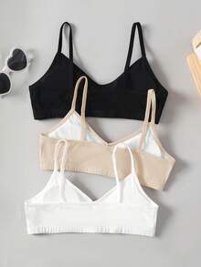 SHEIN 兒童青少年女孩簡約舒適純色V領加墊露背內衣3件組 - 卡其色 - 查看 2