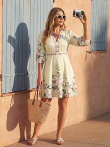 Vivid Eden Plus Size Women's Floral Print Petal Sleeve Elegant Traditional Vacation Dress, Boho Puff 3/4 Sleeve Sundress, Autumn Outfit, Fall Formal Brunch Pink - Beige - View 5