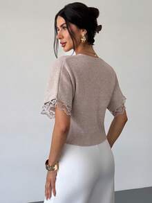 Firerie Minimalist French Elegant Fashionable Office High Tea Cafe Commute Deep V-Neck Lace Patchwork Short Sleeve Slim Fit Buttoned Beige Autumn - Khaki - View 10