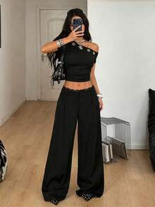 SHEIN 青少年女孩春夏海灘度假休閒日常居家穿搭 百搭 100%純棉 純棉梭織 舒適 素色 寬鬆長褲 有口袋 - 黑色 - 查看 3