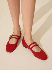 CUCCOO BASICS Women's Shoes Fashion Versatile Square Toe Double Strip Red Flat Shoes Knitted Mary Jane Shoes Fall Shoes - Red - View 3
