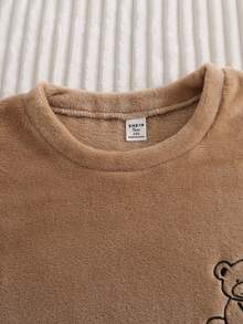 SHEIN 2pcs/Set Men's Round Neck Bear Embroidery Plaid Print Fuzzy Casual Long Sleeve Pants Warm Soft Fleece Loungewear Set Autumn - Apricot - View 3