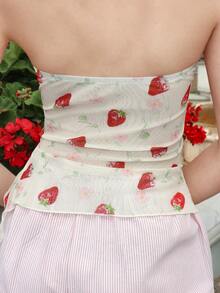 Kawaii ROMWE X Elena Katey Strawberry Print Asymmetric Hem Summer Tube Top, Y2K Style, Mesh Fabric - Apricot - View 5