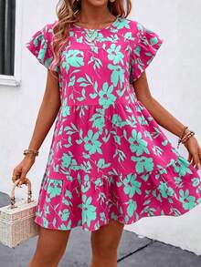 Breezaya Women Summer Solid Color Round Neck Loose Babydoll Dress With Ruffle Trim Vacation Beach Outfit - Multicolor - View 4