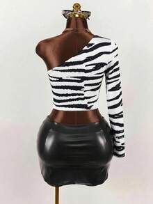 Mistrie Summer One-Shoulder Long Sleeve Zebra Print Cropped Fitted Top - Multicolor - View 3