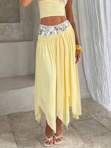 Opulessa Women's Sequin Pattern Pleated Casual Sequin Sexy Versatile Daily Wear Skirt Beach Silver Summer - Yellow - View 4