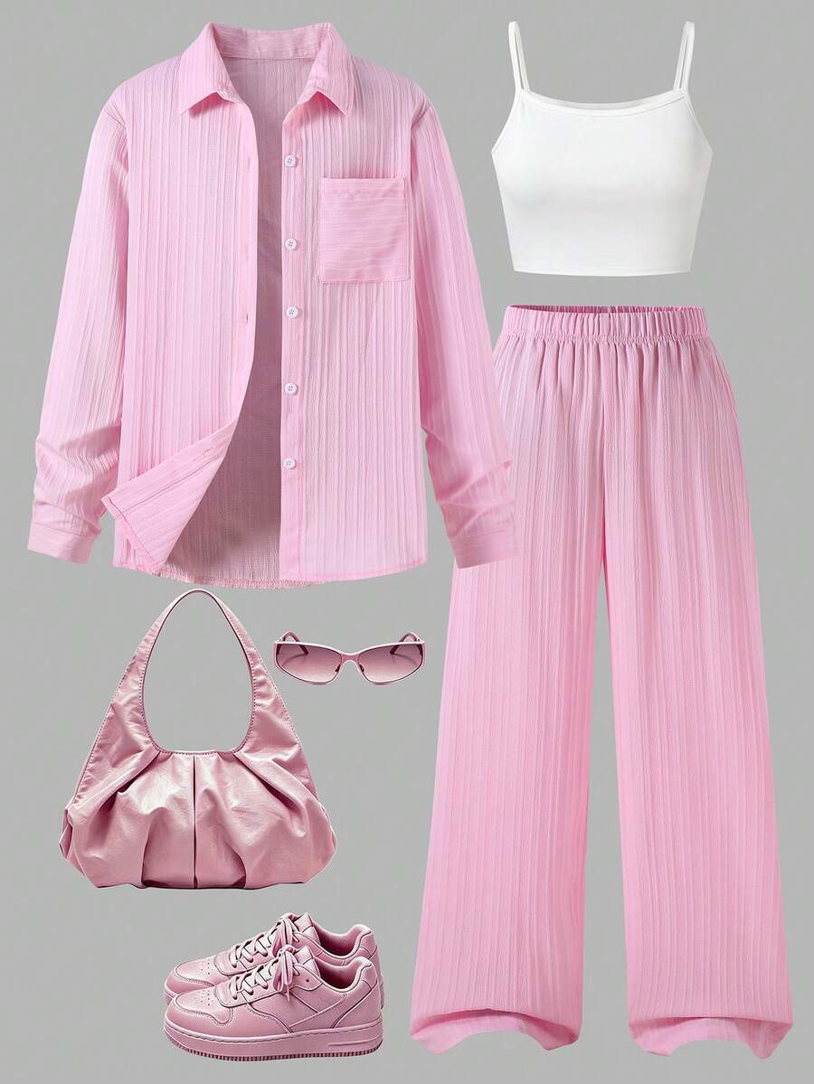 Regreso a la Escuela 3 Piezas Camisa con Botones y Cuello para Adolescentes en Rosa Sólido, Top Corto de Tirantes & Pantalones Largos - Rosa - Ver 1
