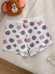 TOM & JERRY X SHEIN Women's Cartoon Print Button Casual Flat Shorts - Beige - View 1