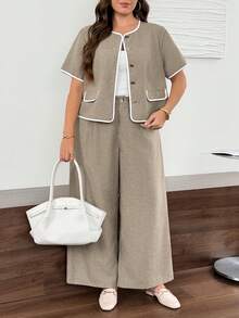 SHEIN LUNE 大尺碼女款滾邊短袖單排扣襯衫與寬腿褲休閒兩件套 - 棕色 - 查看 3